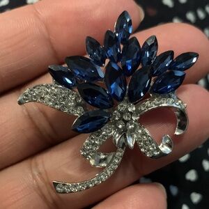 Elegant Blue Crystal and Silver Floral Brooch